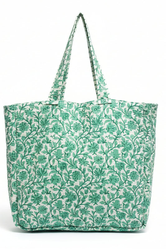 Quilted cotton XL tote bag, reversible green and white block print beach bag