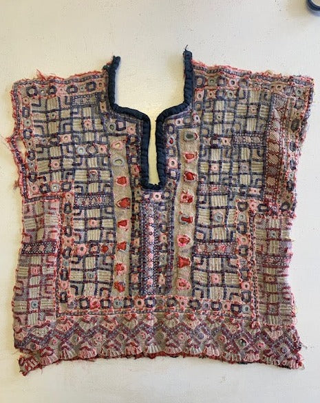Vintage Afghani and Indian Banjara Textile Dress Yoke, Kutch embroidery and mirror work.