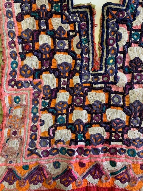 Vintage Afghani and Indian Banjara Textile Dress Yoke, Kutch embroidery and mirror work.