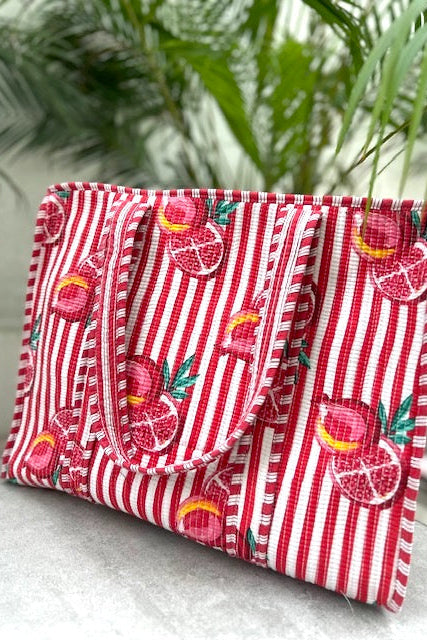 Red and white striped pouch with fruit pattern on a light surface with green plants in the background