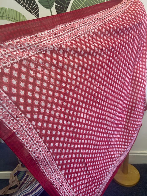 red and white block print pareo, cotton sarong, beach coverup