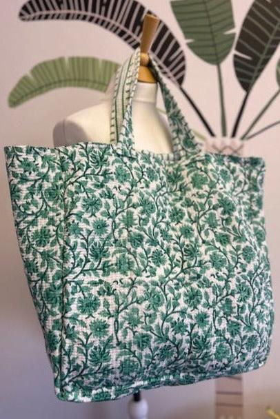 Beach Bag, XL green and white block print tote bag. Large cotton beach bag