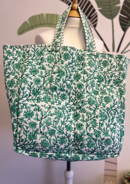 Beach Bag, XL green and white block print tote bag. Large cotton beach bag