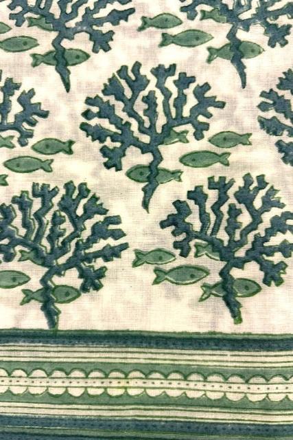 Pareo, green and white block print cotton sarong