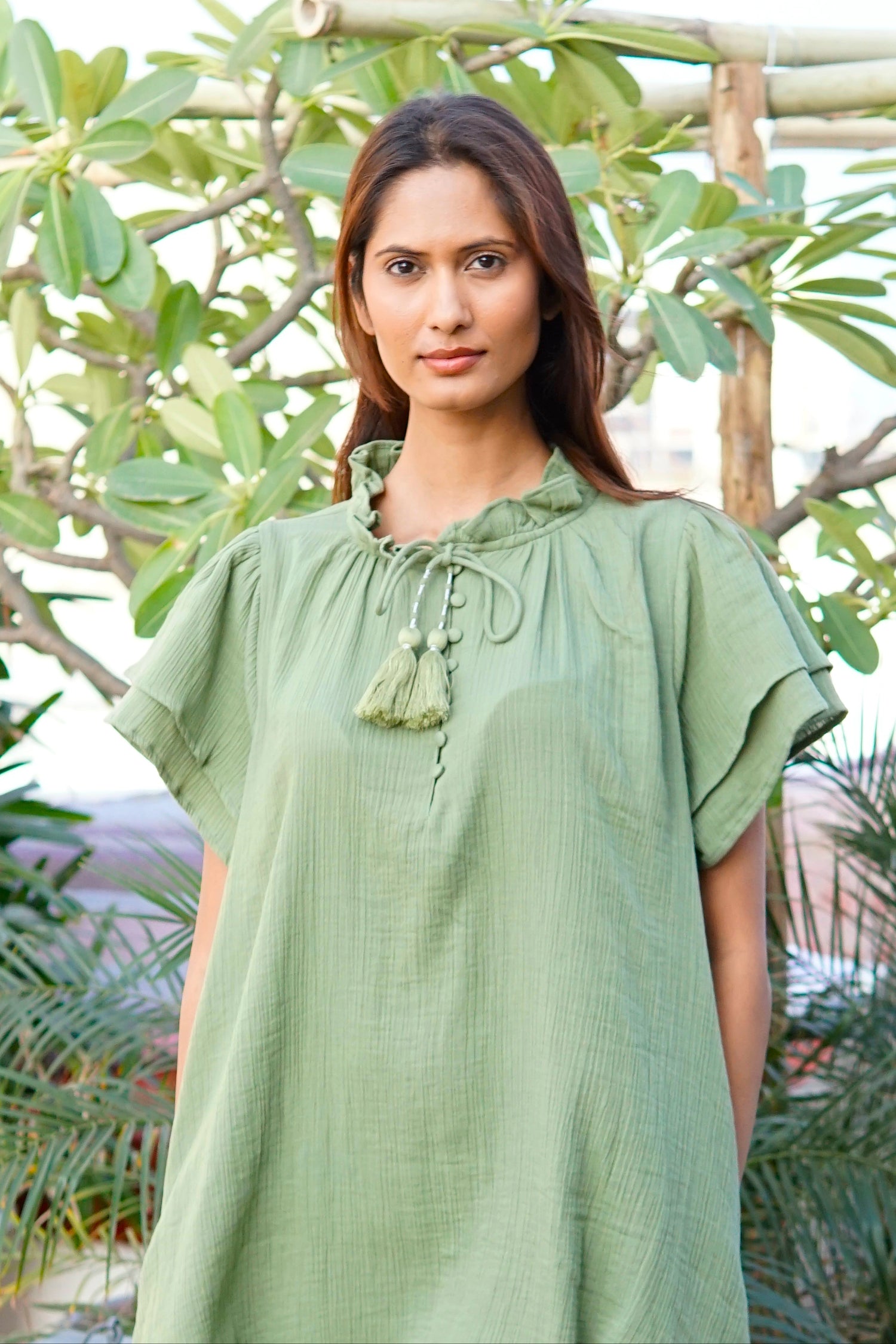 Kaftan beach dress, Khaki cotton beach cover-up with pockets