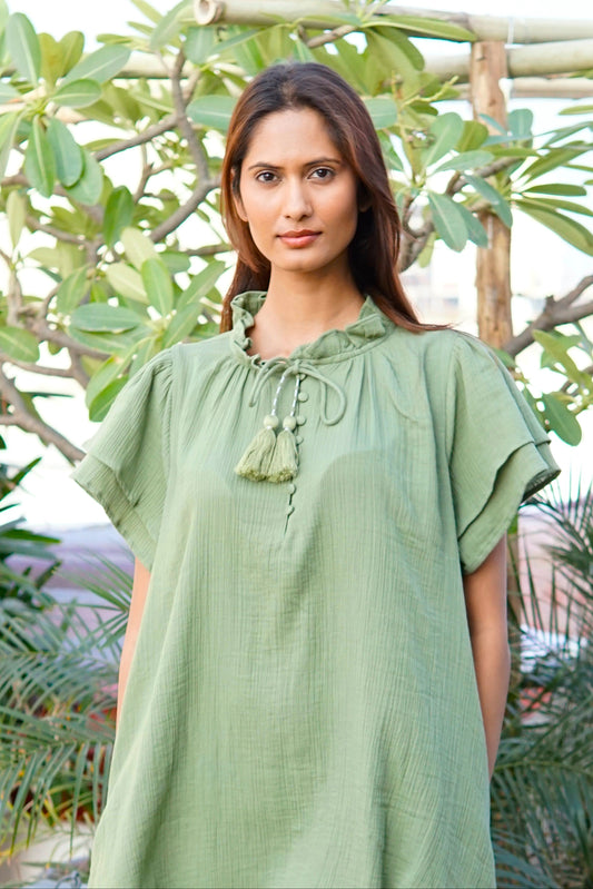 Kaftan beach dress, Khaki cotton beach cover-up with pockets