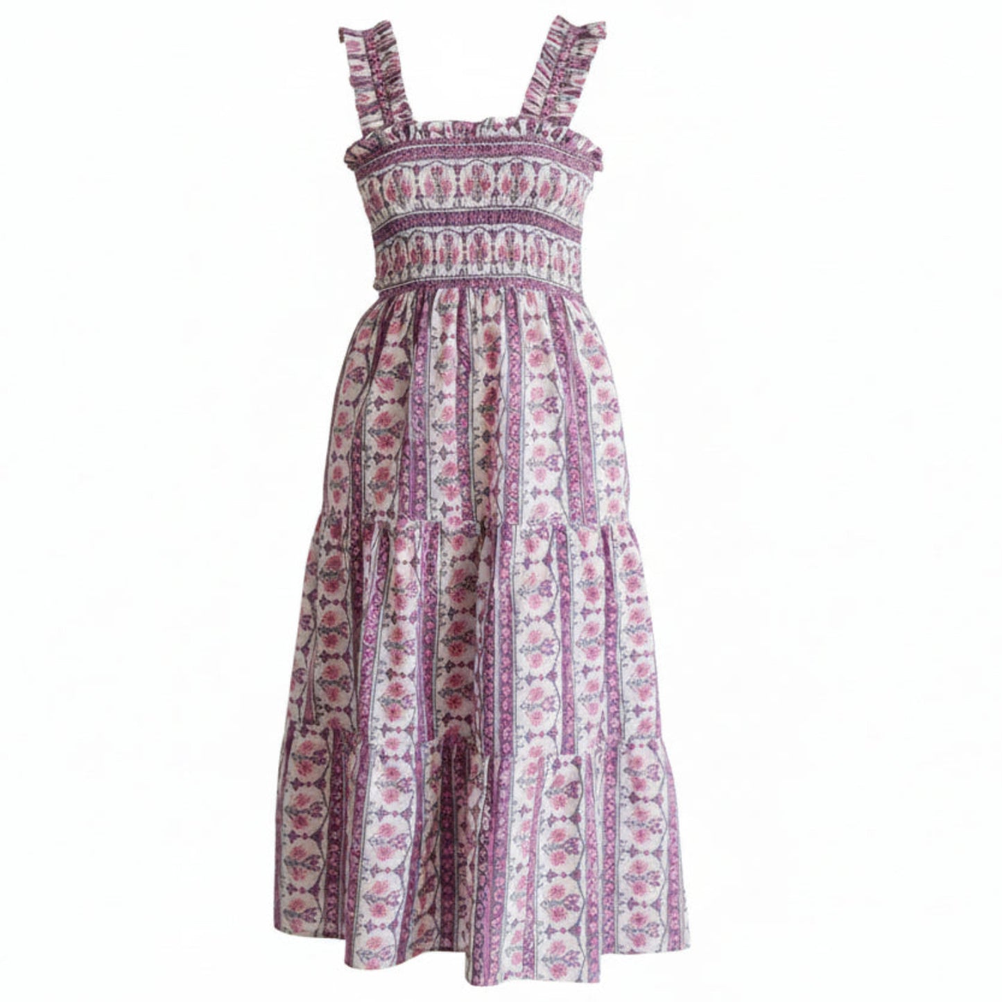 purple and white cotton floral maxi dress with ruching at the bust. summer maxi dress with pockets