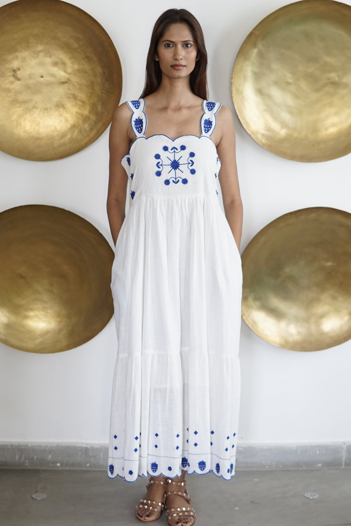 Embroidered maxi dress with pockets. Linen mix summer maxi dress Lucia