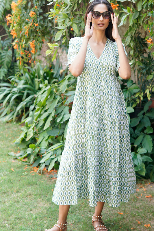 Wrap dress with pockets. Maxi dress, block print cotton beach dress, blue, pink and white cotton