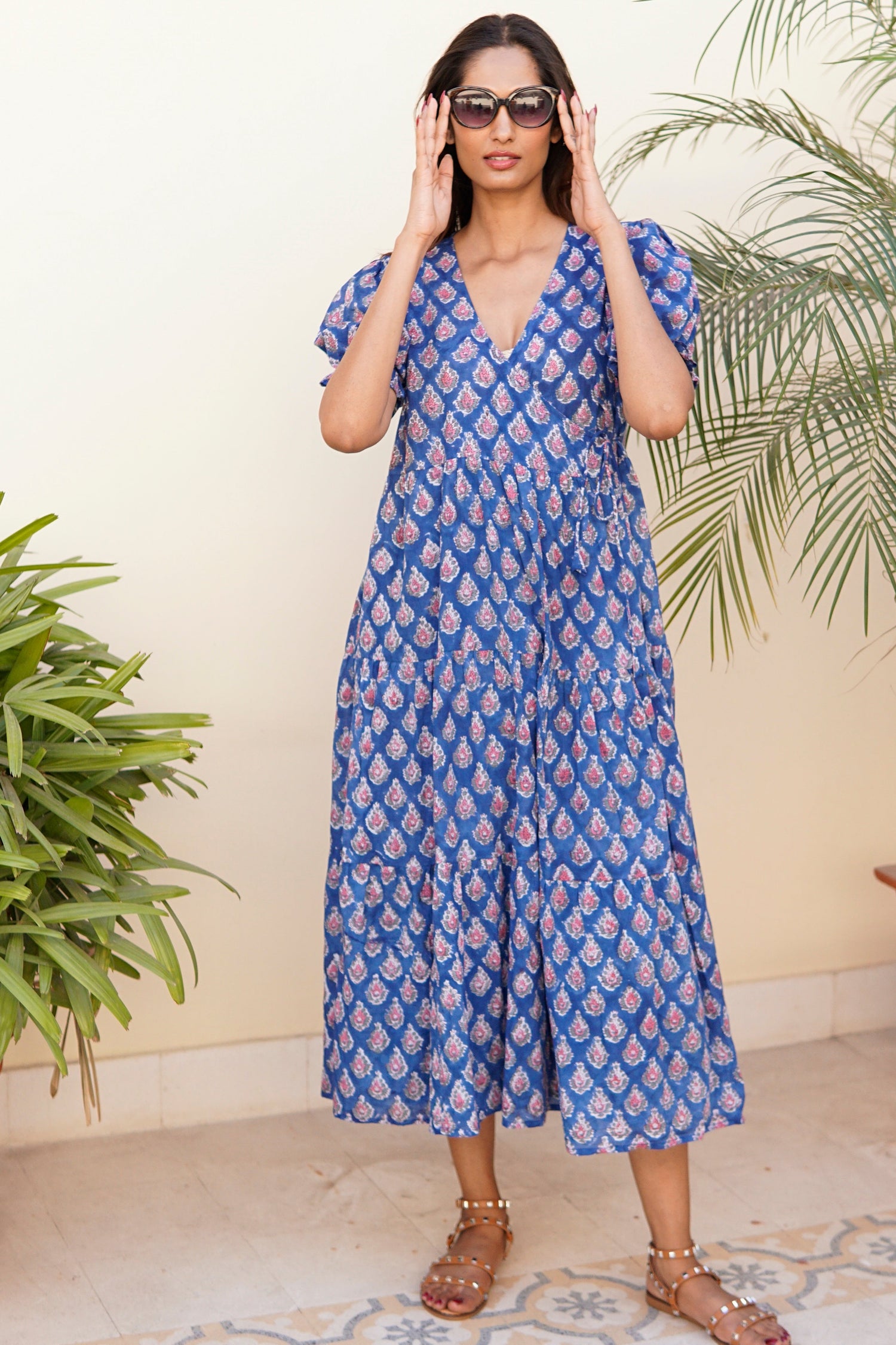 Wrap dress with pockets. Maxi dress, block print cotton beach dress, blue, pink and white cotton