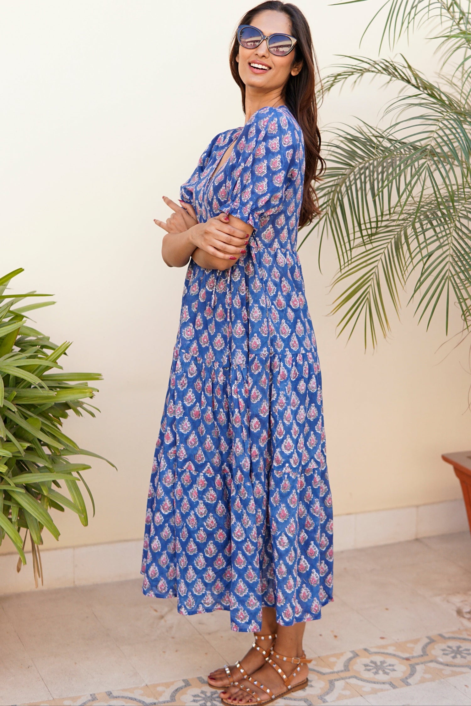 Wrap dress with pockets. Maxi dress, block print cotton beach dress, blue, pink and white cotton