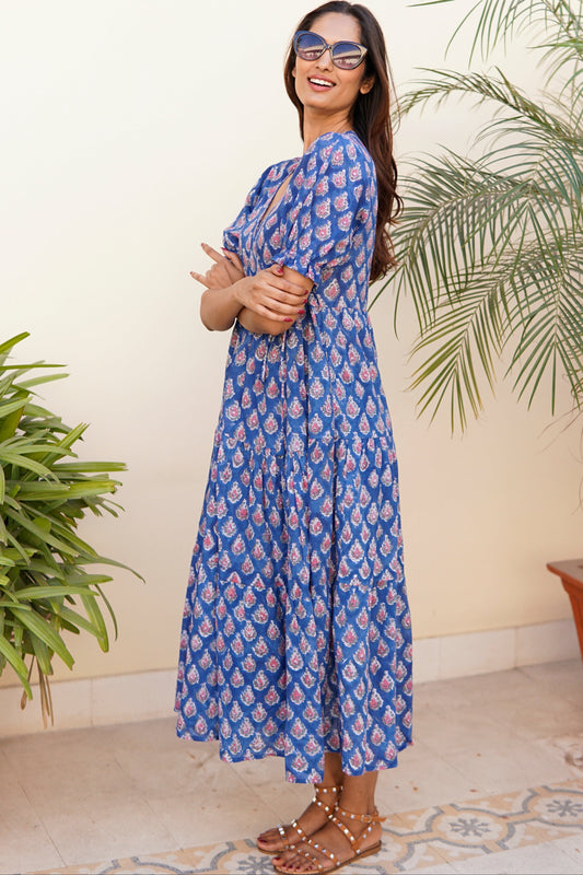 Wrap dress with pockets. Maxi dress, block print cotton beach dress, blue, pink and white cotton