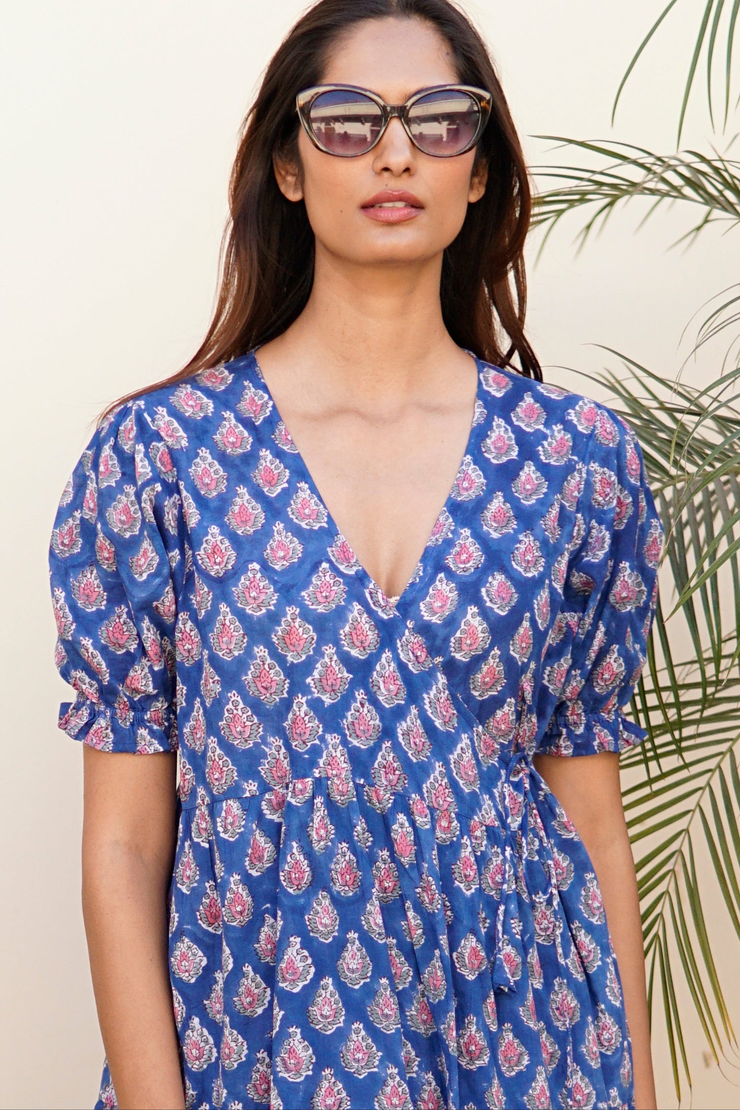 Wrap dress with pockets. Maxi dress, block print cotton beach dress, blue, pink and white cotton