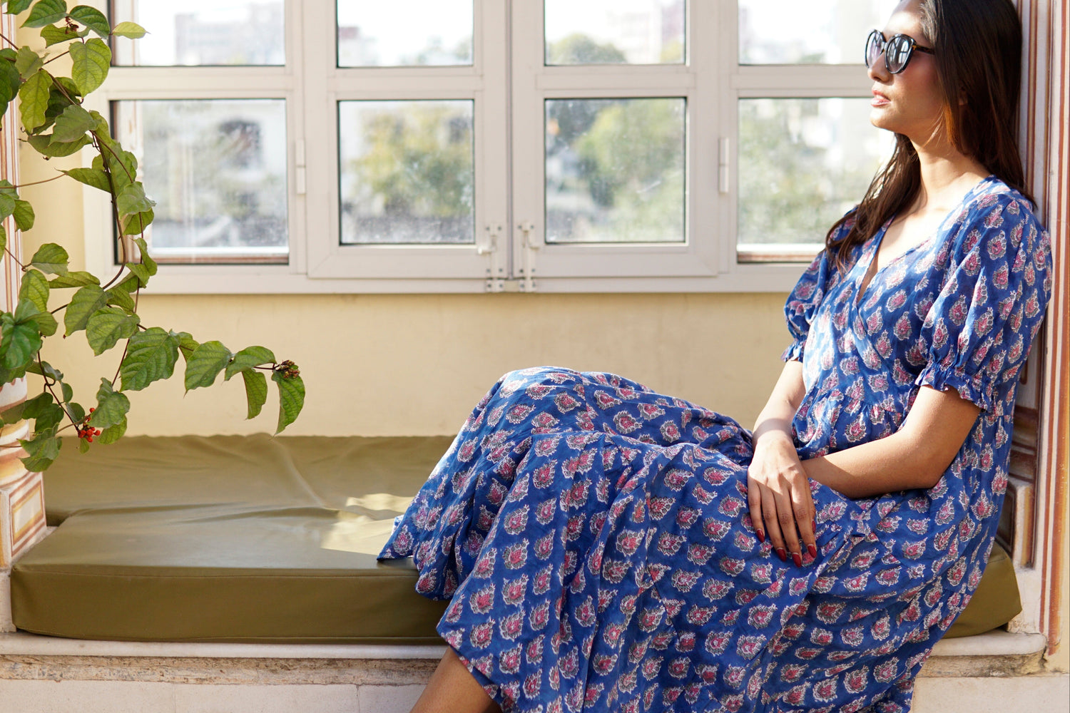 Wrap dress with pockets. Maxi dress, block print cotton beach dress, blue, pink and white cotton