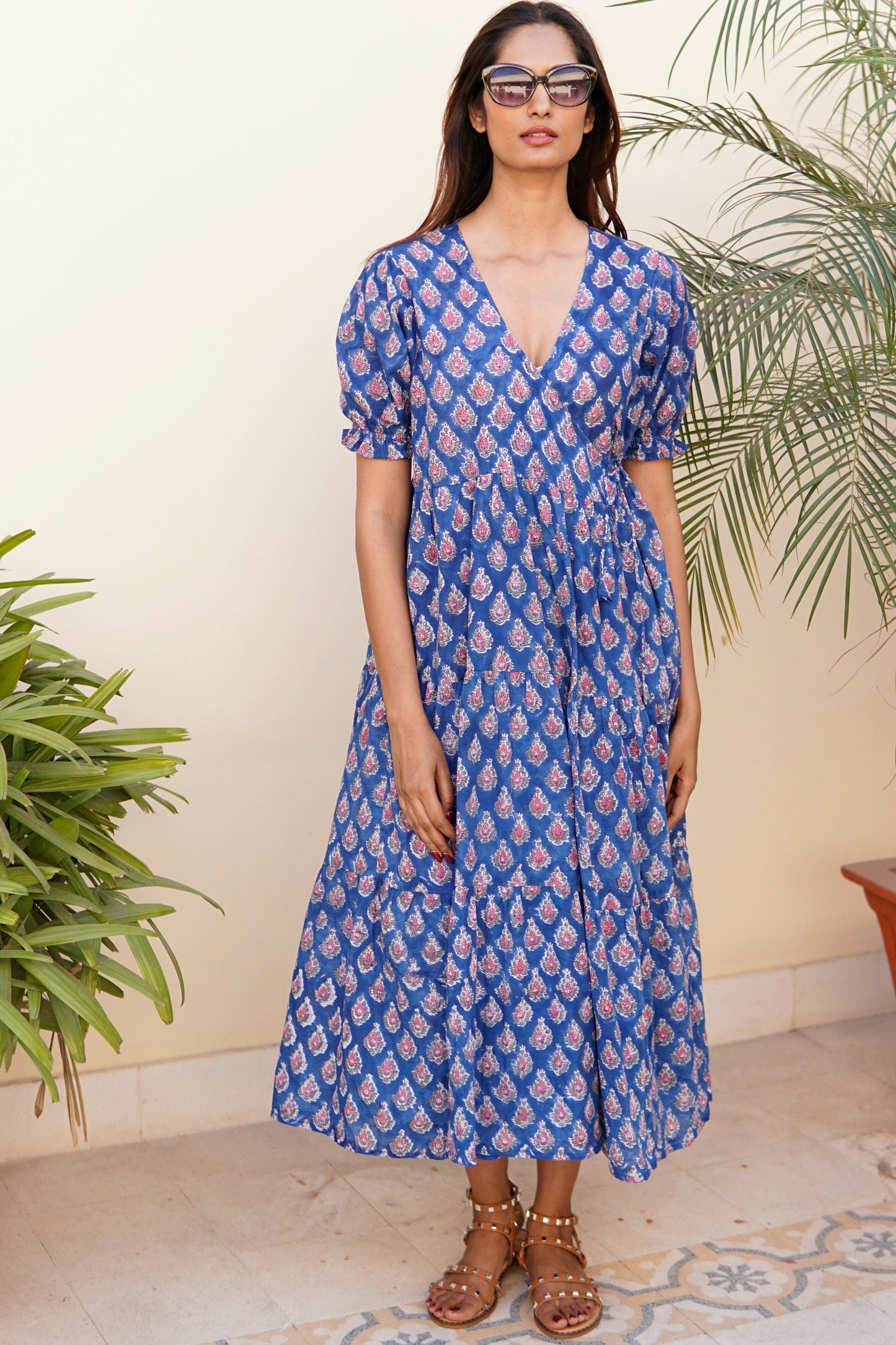Wrap dress with pockets. Maxi dress, block print cotton beach dress, blue, pink and white cotton
