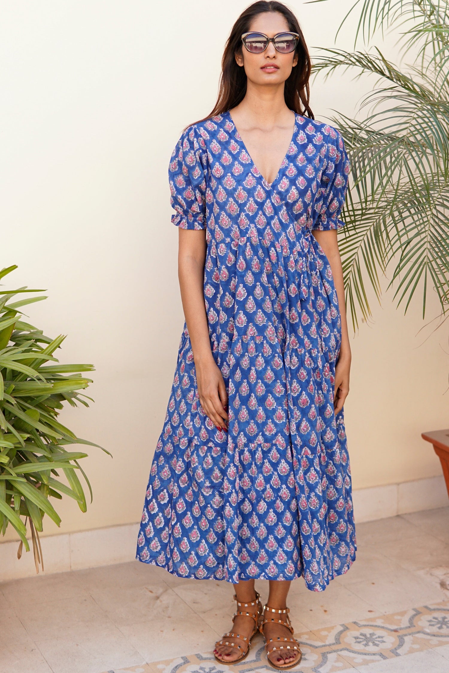 Wrap dress with pockets. Maxi dress, block print cotton beach dress, blue, pink and white cotton