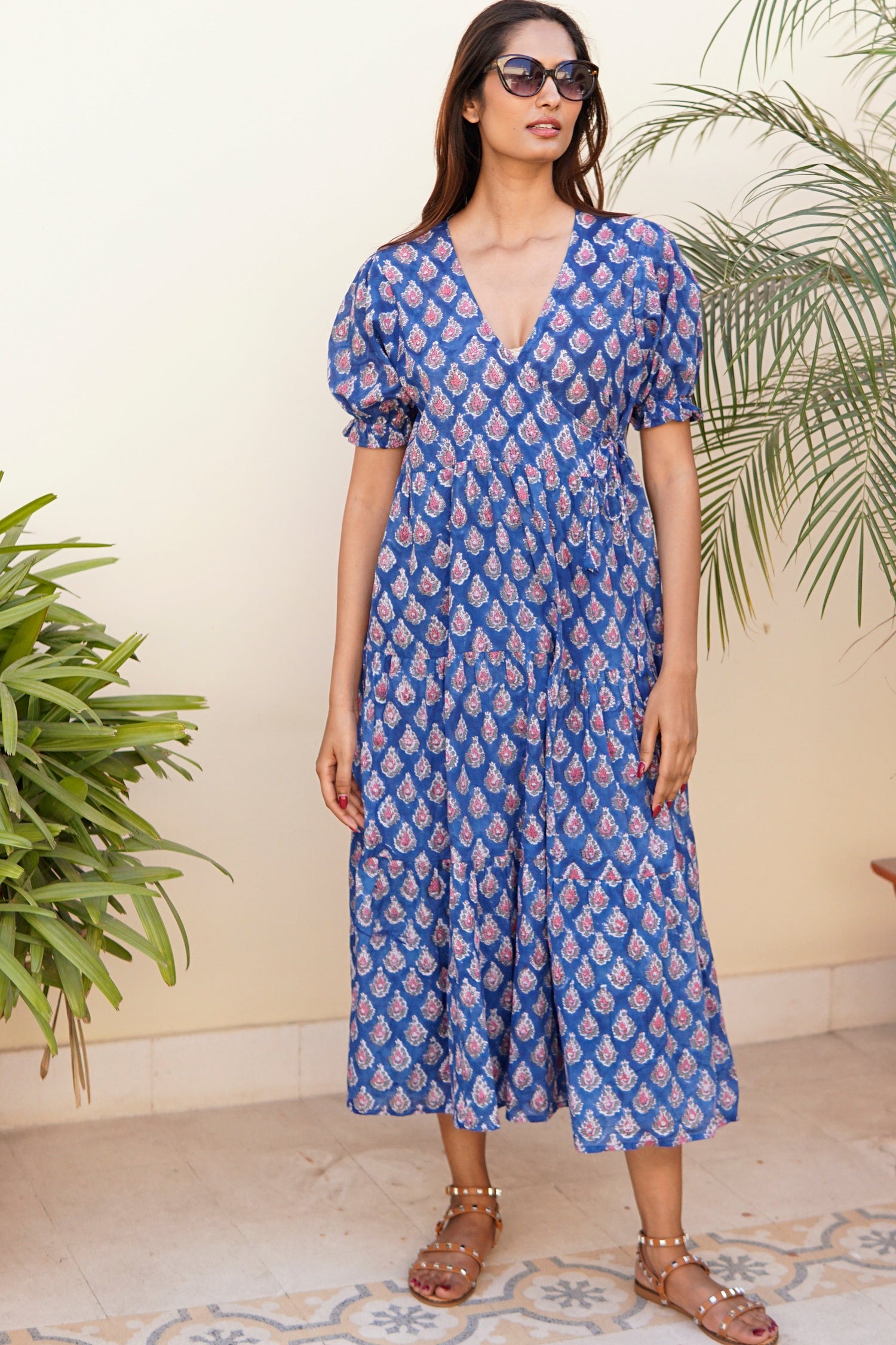 Wrap dress with pockets. Maxi dress, block print cotton beach dress, blue, pink and white cotton