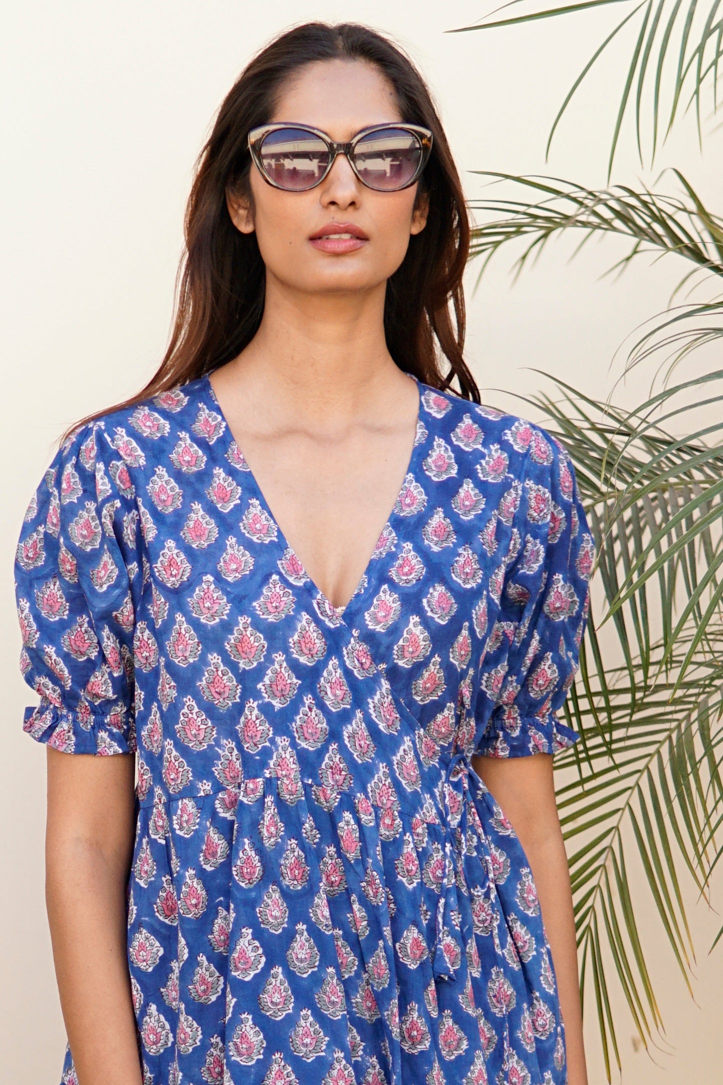 Wrap dress with pockets. Maxi dress, block print cotton beach dress, blue, pink and white cotton