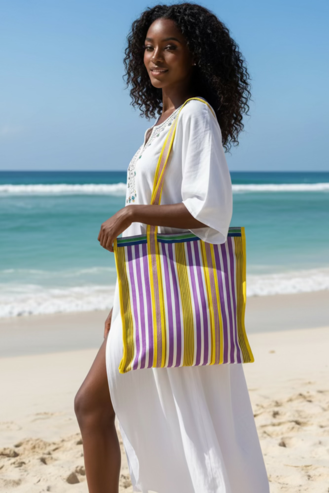 Beach bag, colourful striped tote, recycled nylon.