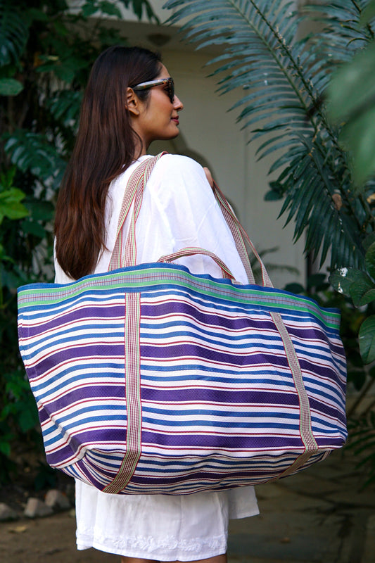 Beach bag, XL size, colourful striped weekender bag, tote, shopper, recycled nylon.