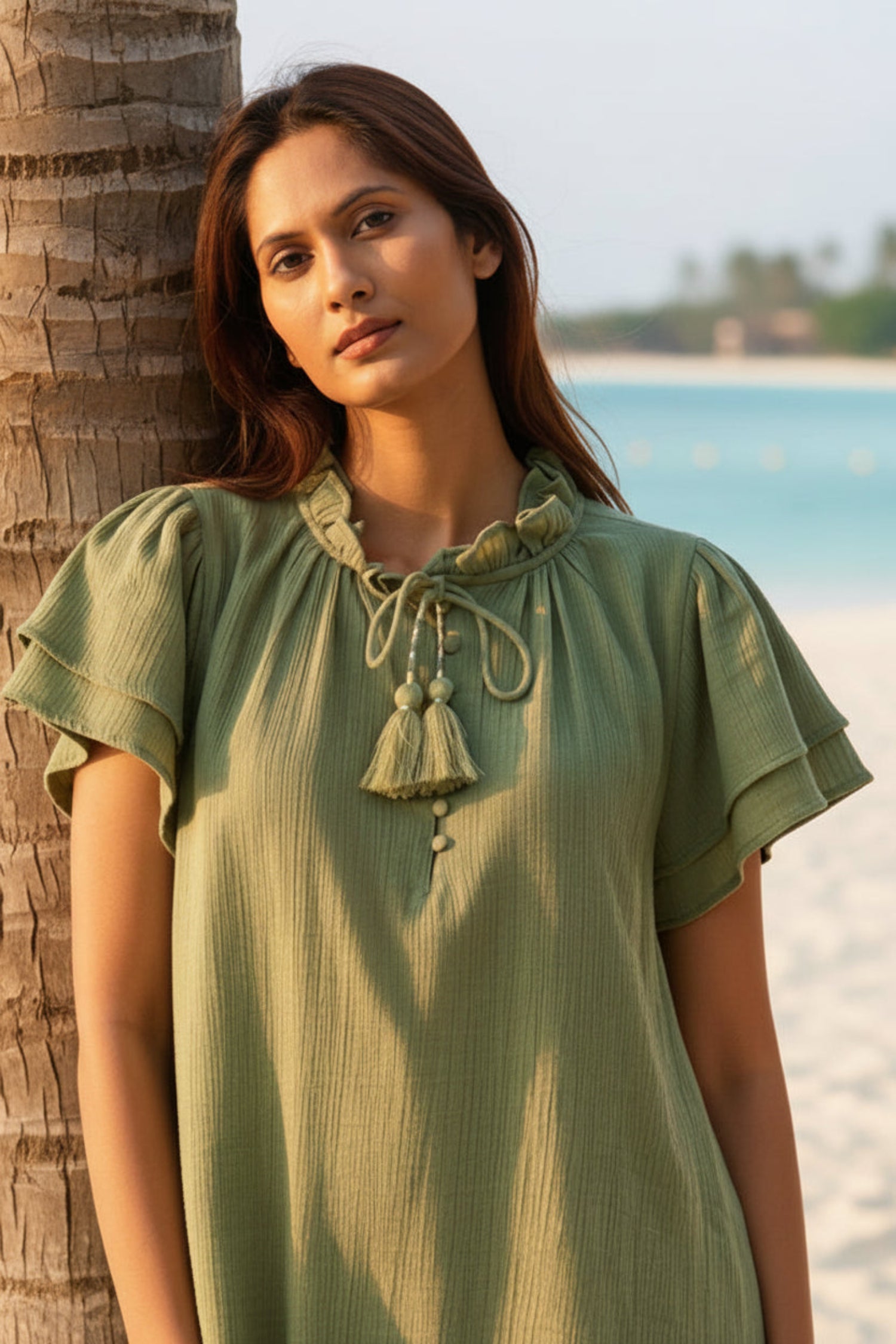 Beach kaftan dress, Khaki cotton beach cover-up with pockets