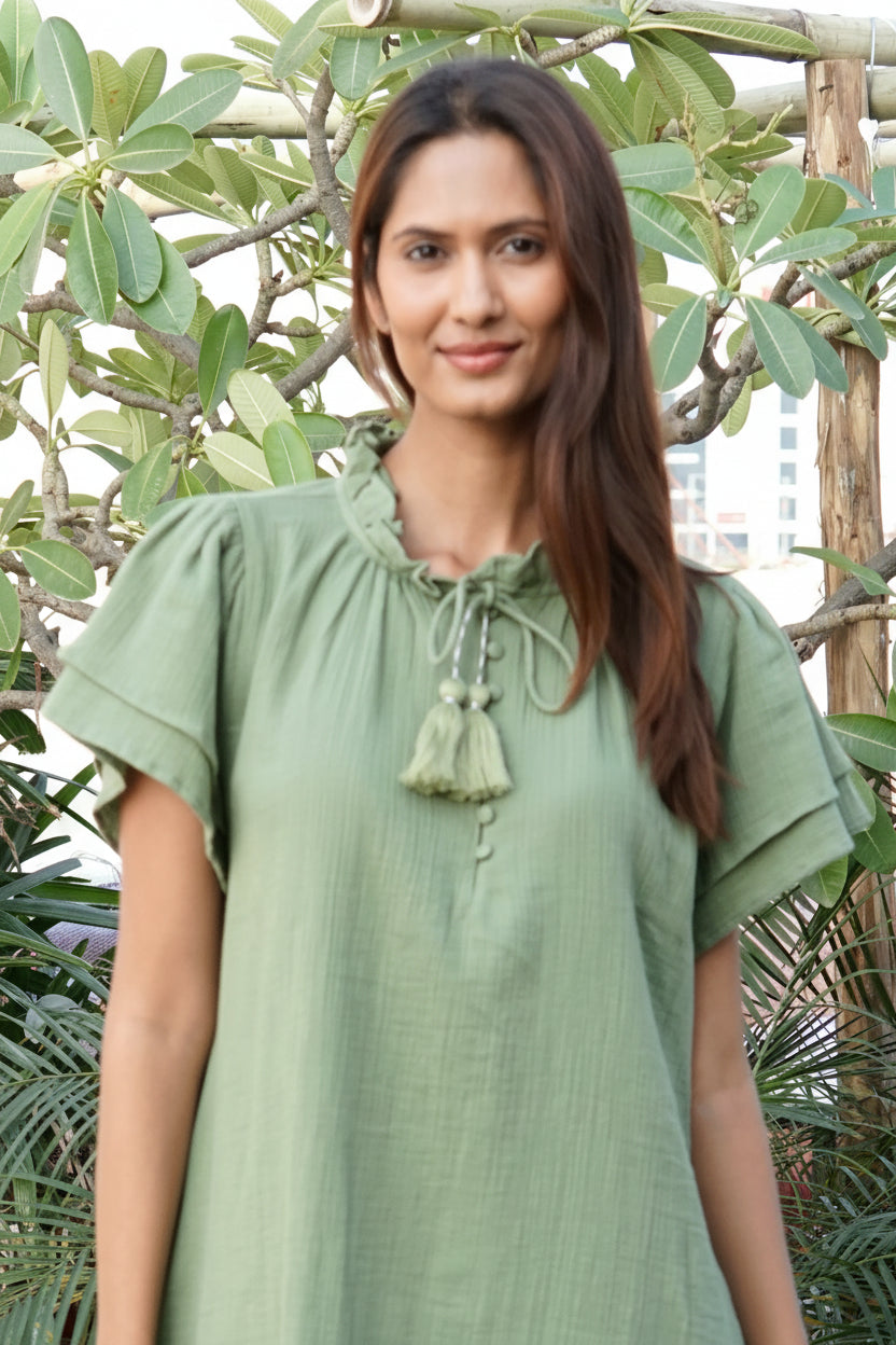 Kaftan beach dress, Khaki cotton beach cover-up with pockets