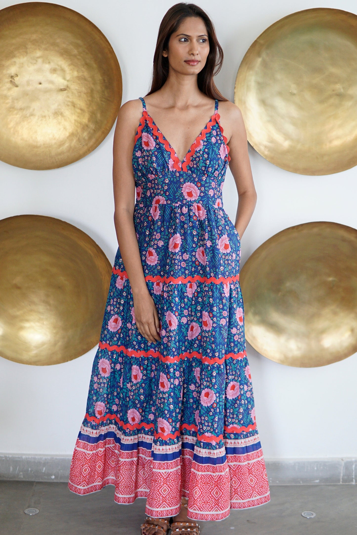 blue and pink floral cotton maxi dress 