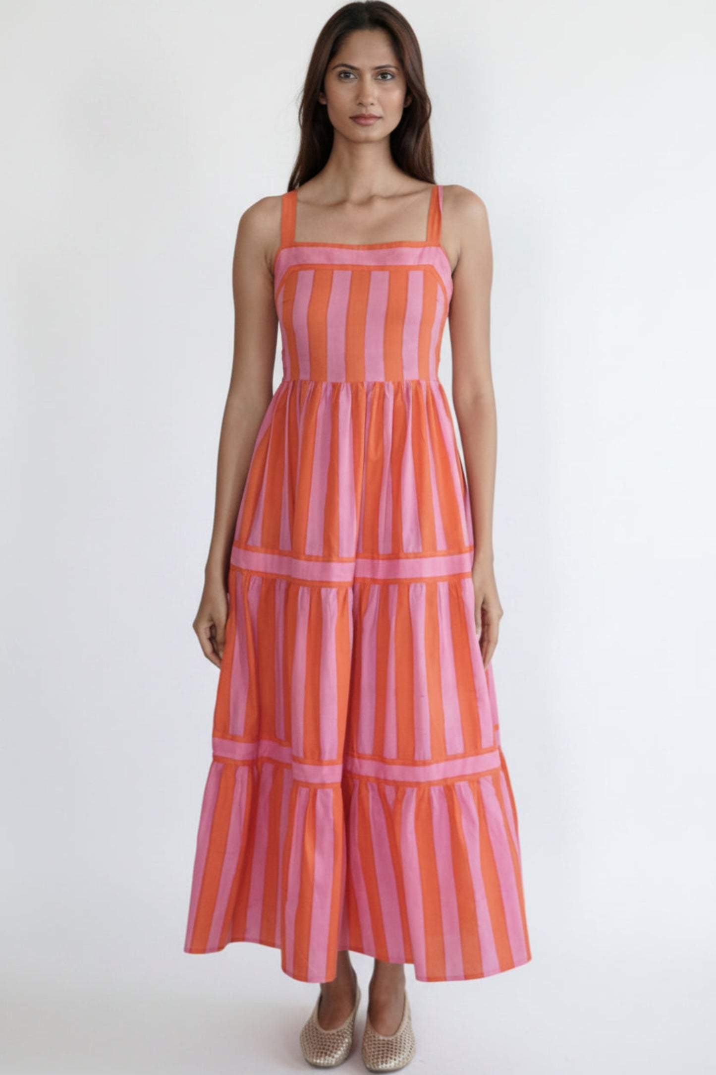 sleeveless cotton maxi dress in pink and red striped cotton. handmade cotton summer dress for women