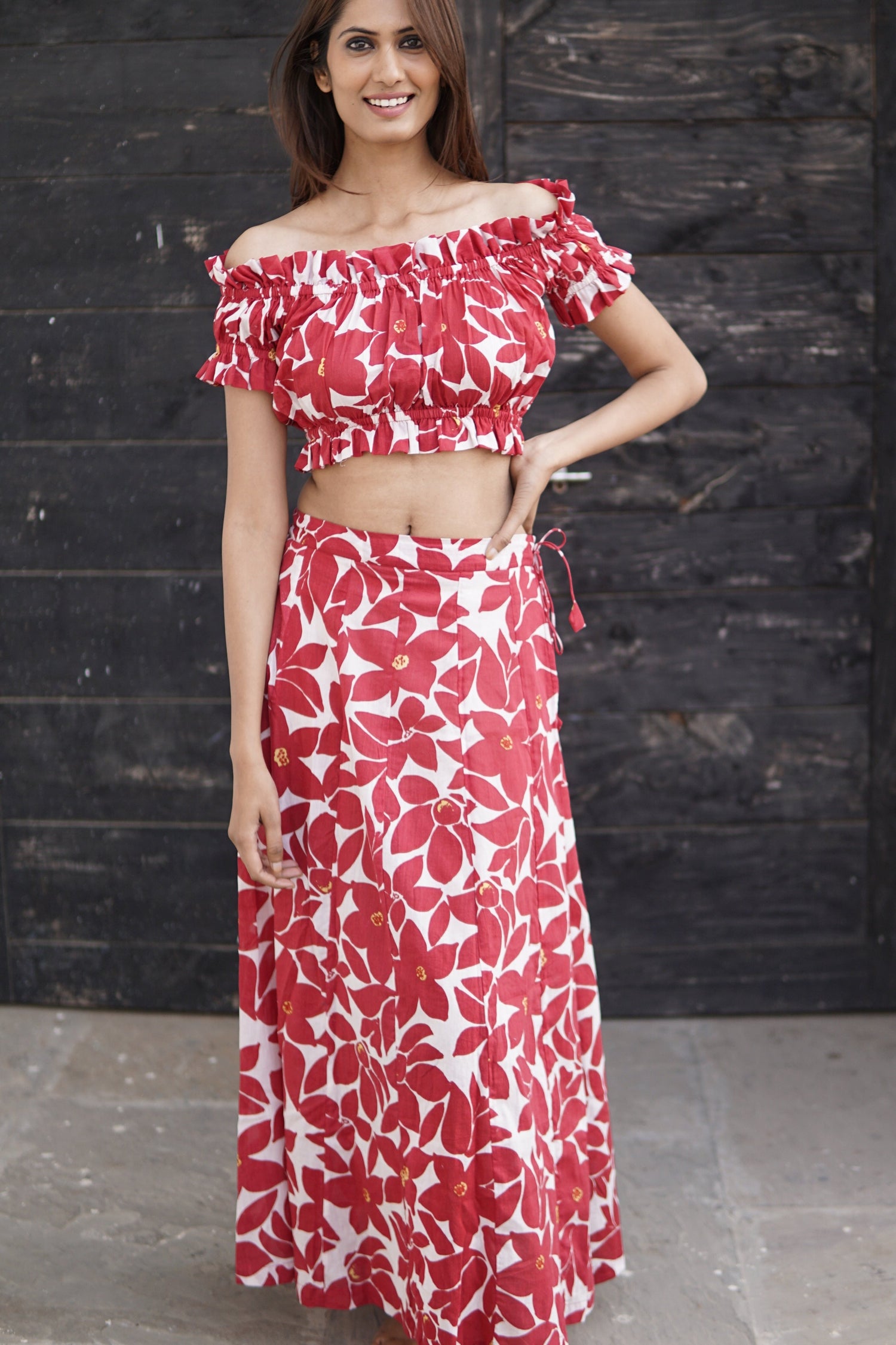 Co-ord set, red and cream cotton skirt and top, Carmen summer co-ord set