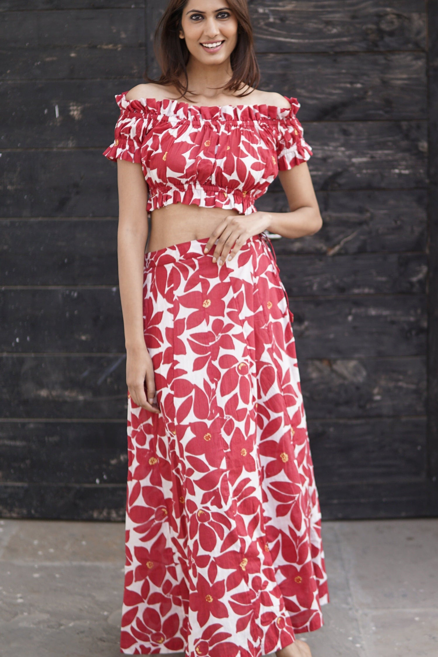 Co-ord set, red and cream cotton skirt and top, Carmen summer co-ord set