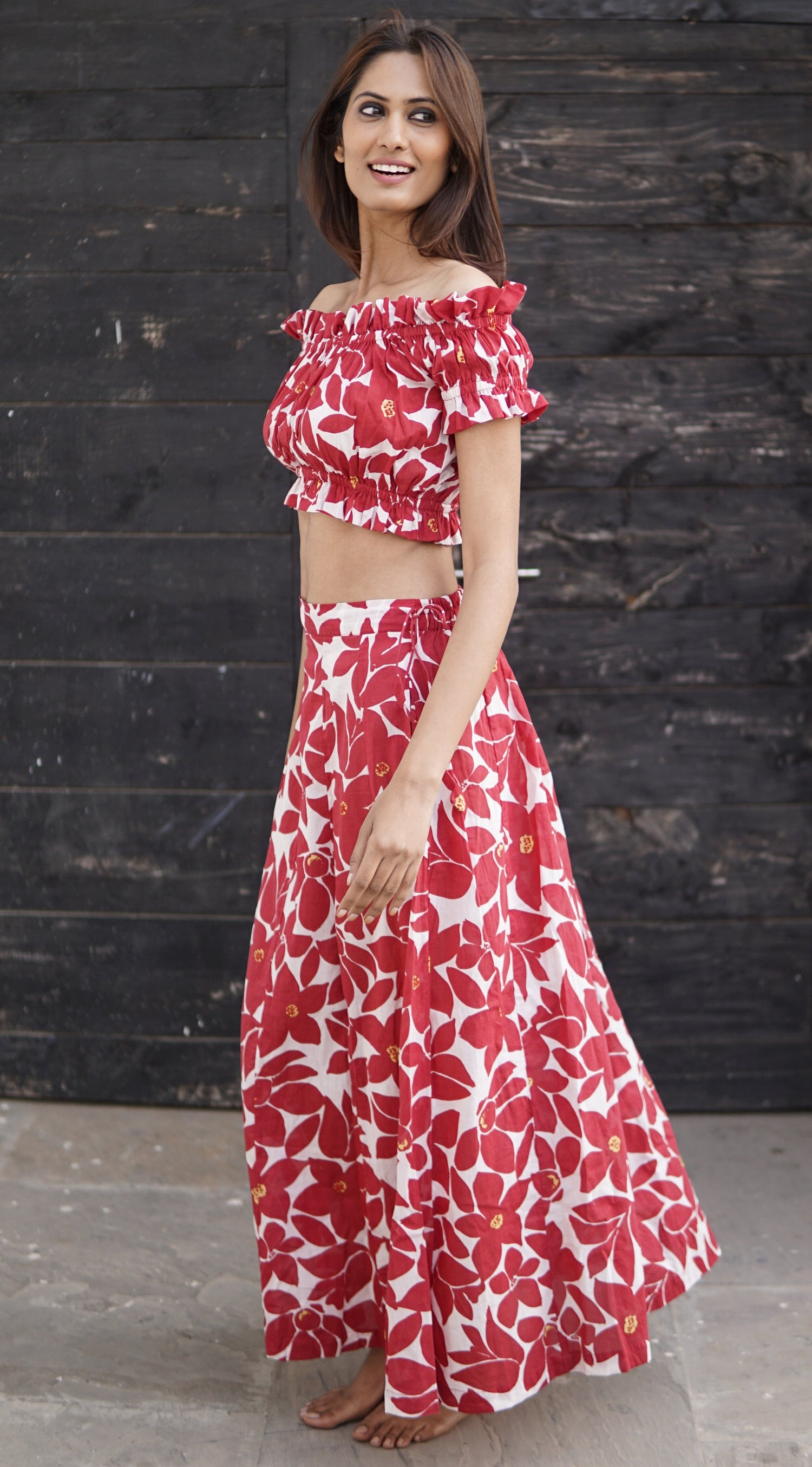 Co-ord set, red and cream cotton skirt and top, Carmen summer co-ord set