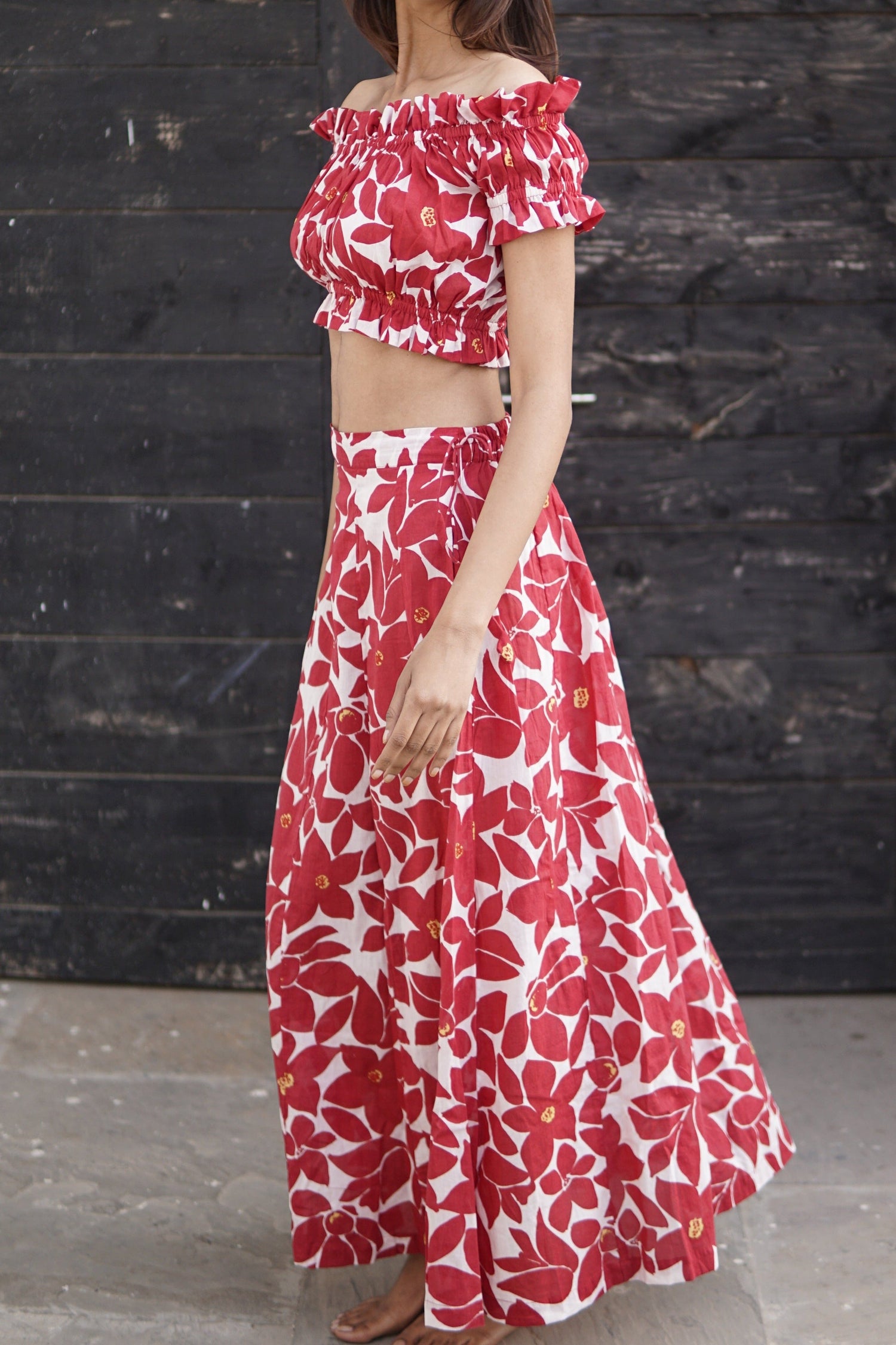 Co-ord set, red and cream cotton skirt and top, Carmen summer co-ord set