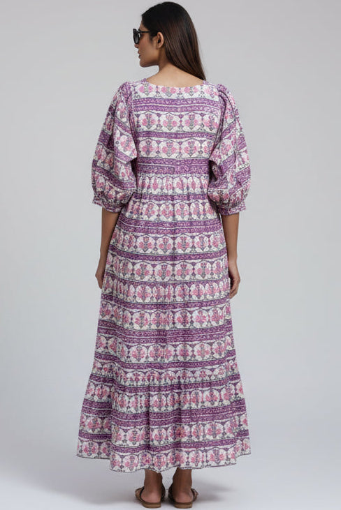 Day Dress, cotton maxi dress with puff sleeves and pockets Cassis