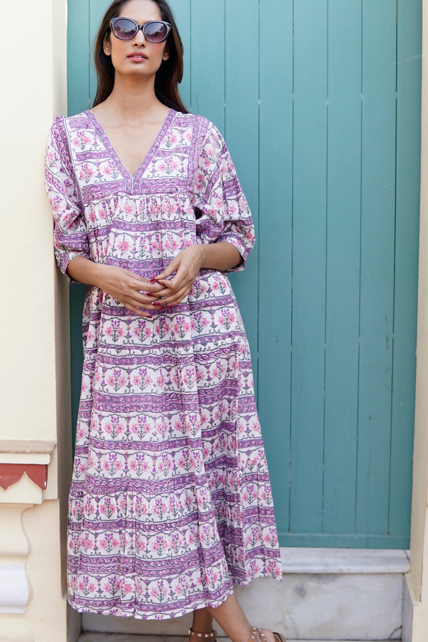 Day Dress, cotton maxi dress with puff sleeves and pockets Cassis