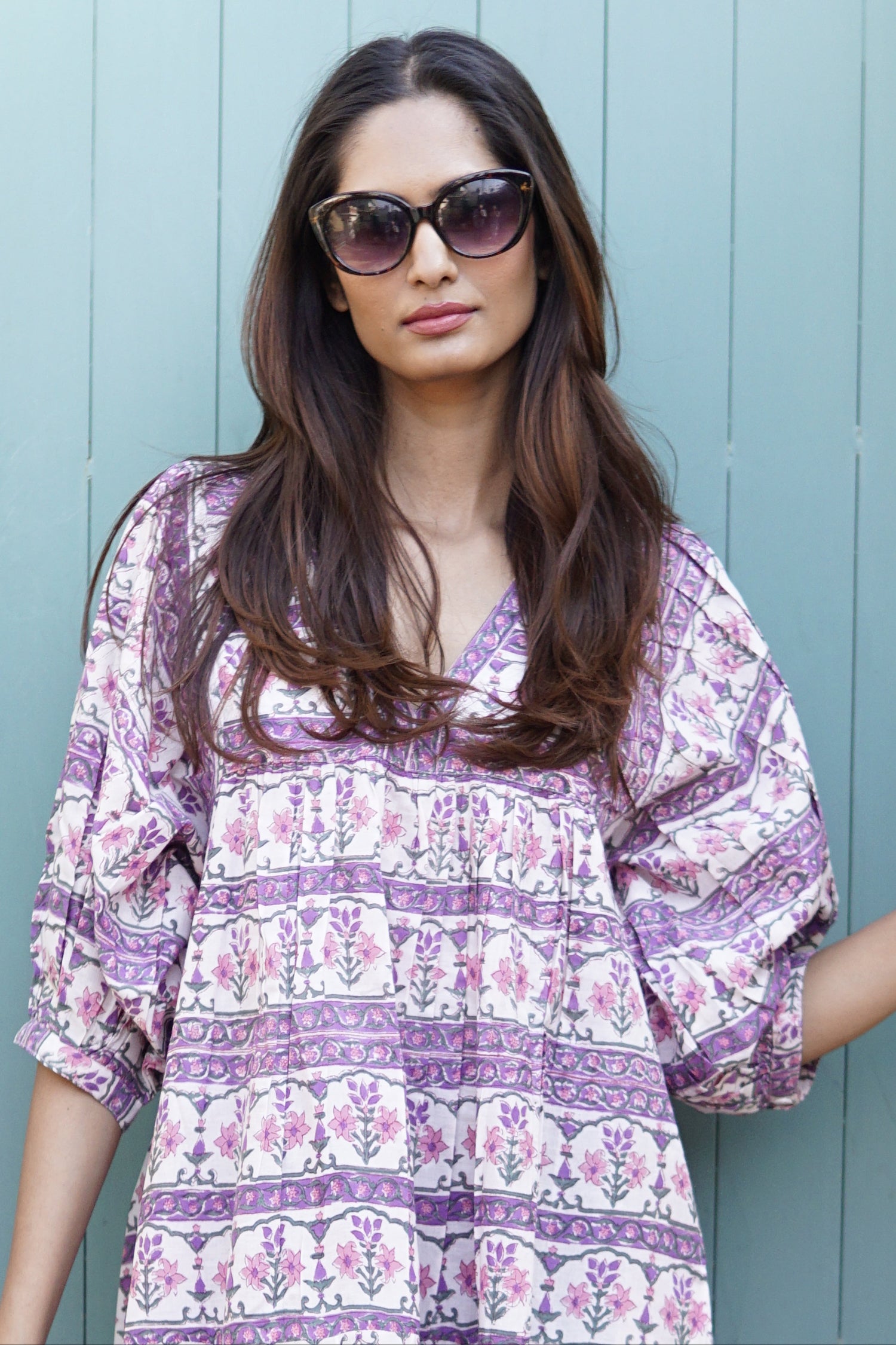 Day Dress, cotton maxi dress with puff sleeves and pockets Cassis