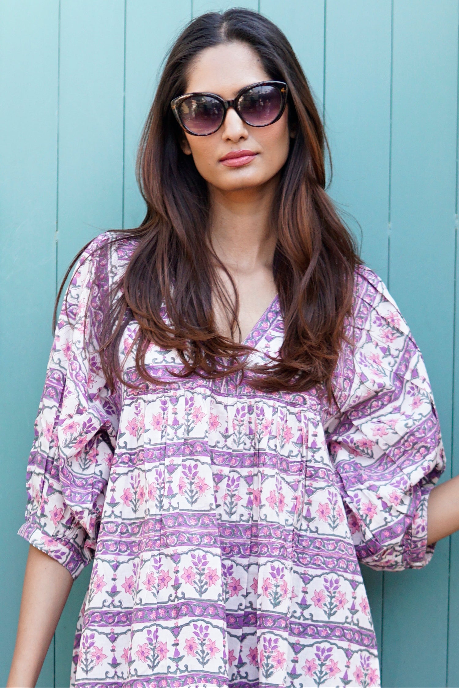 Day Dress, cotton maxi dress with puff sleeves and pockets Cassis