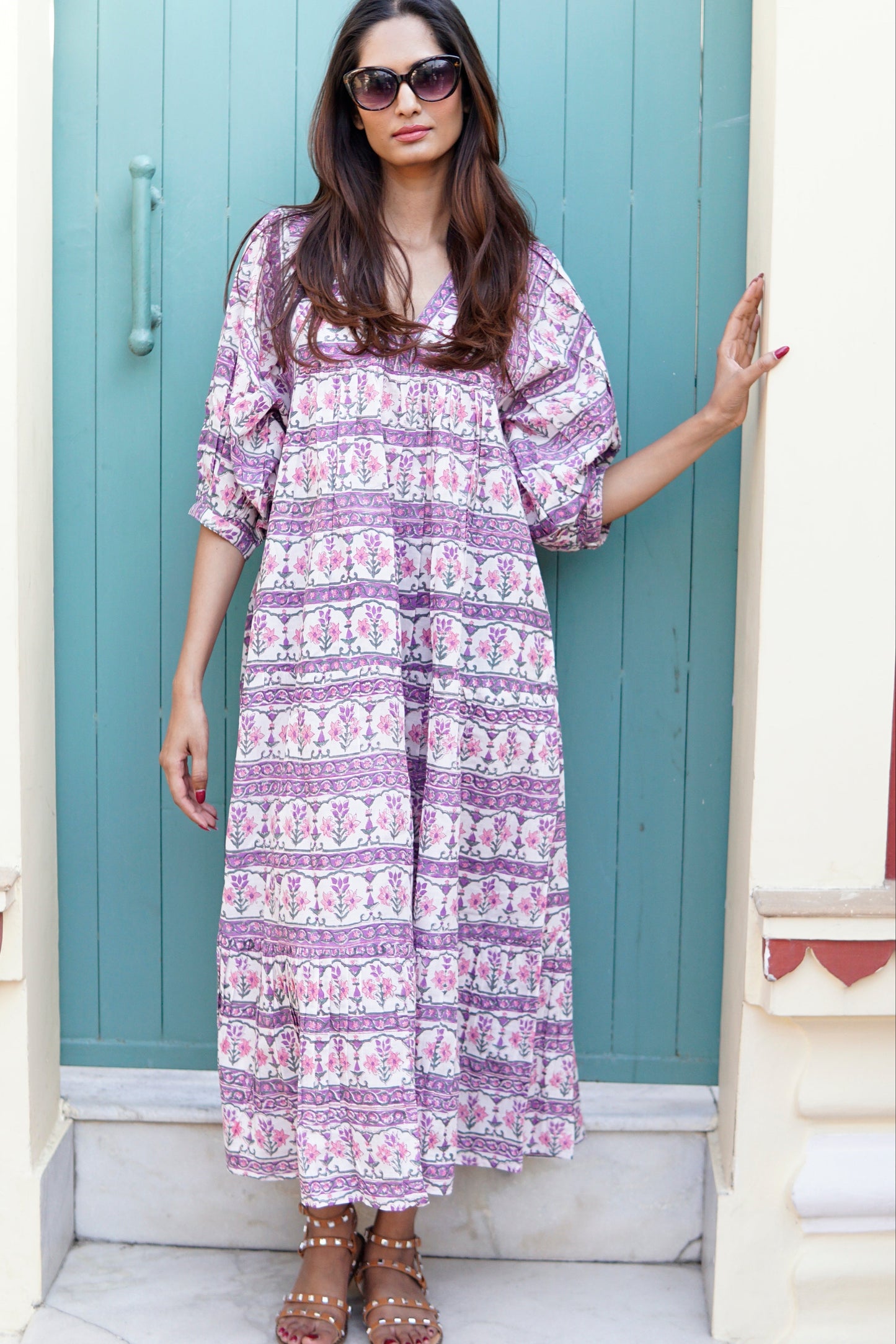 Day Dress, cotton maxi dress with puff sleeves and pockets Cassis
