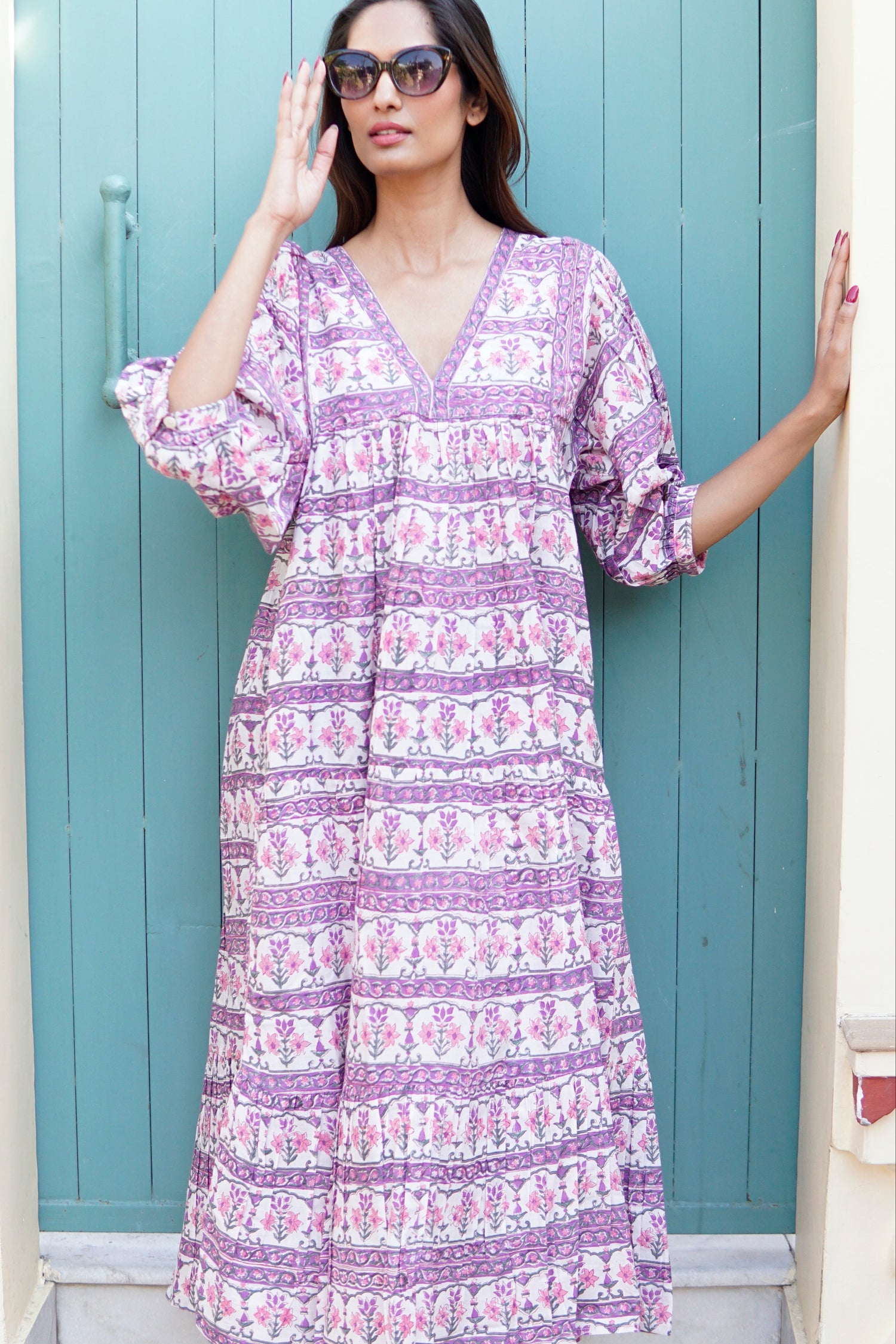 Day Dress, cotton maxi dress with puff sleeves and pockets Cassis