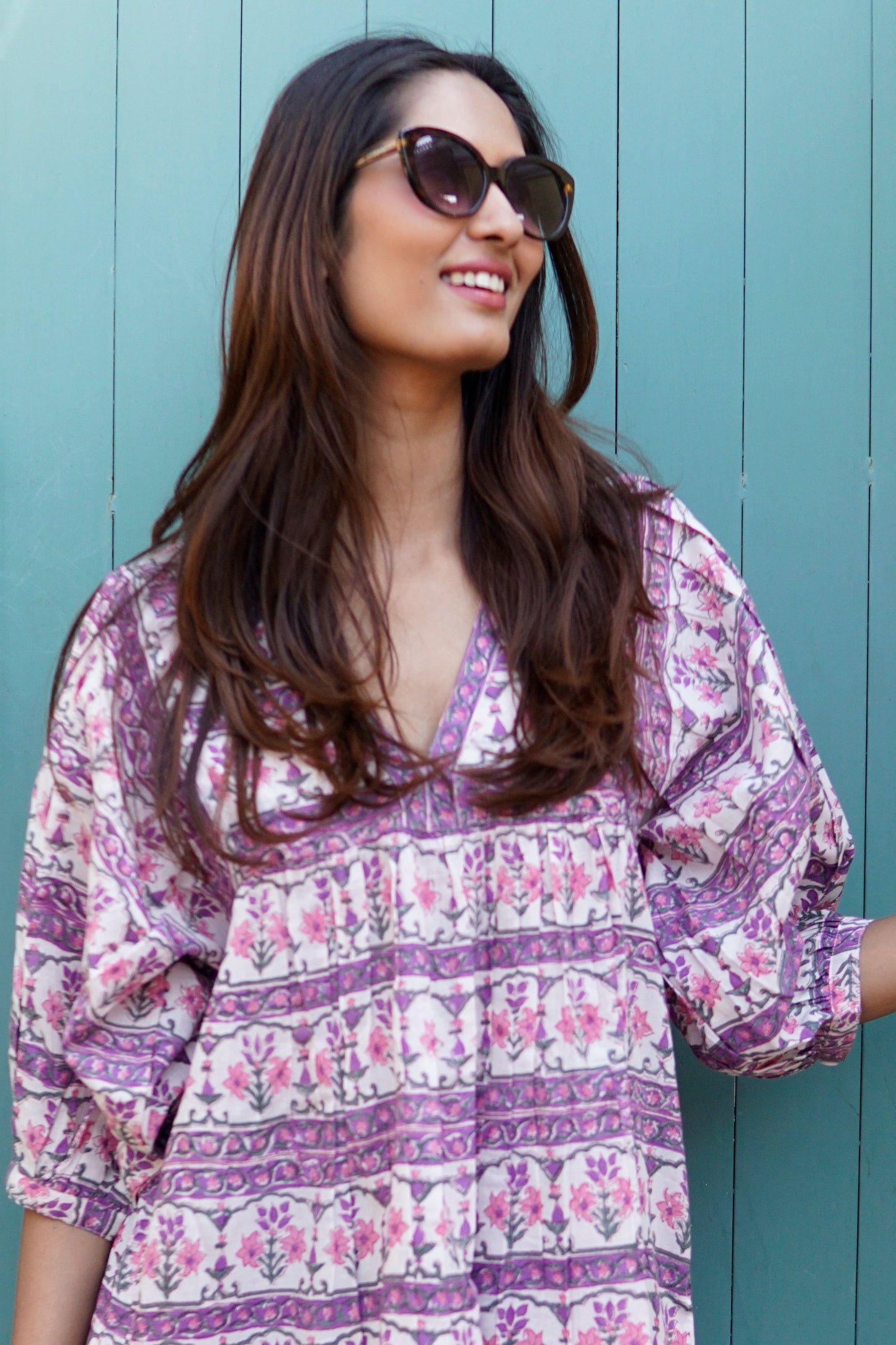 Day Dress, cotton maxi dress with puff sleeves and pockets Cassis