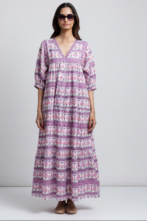 Day Dress, cotton maxi dress with puff sleeves and pockets Cassis