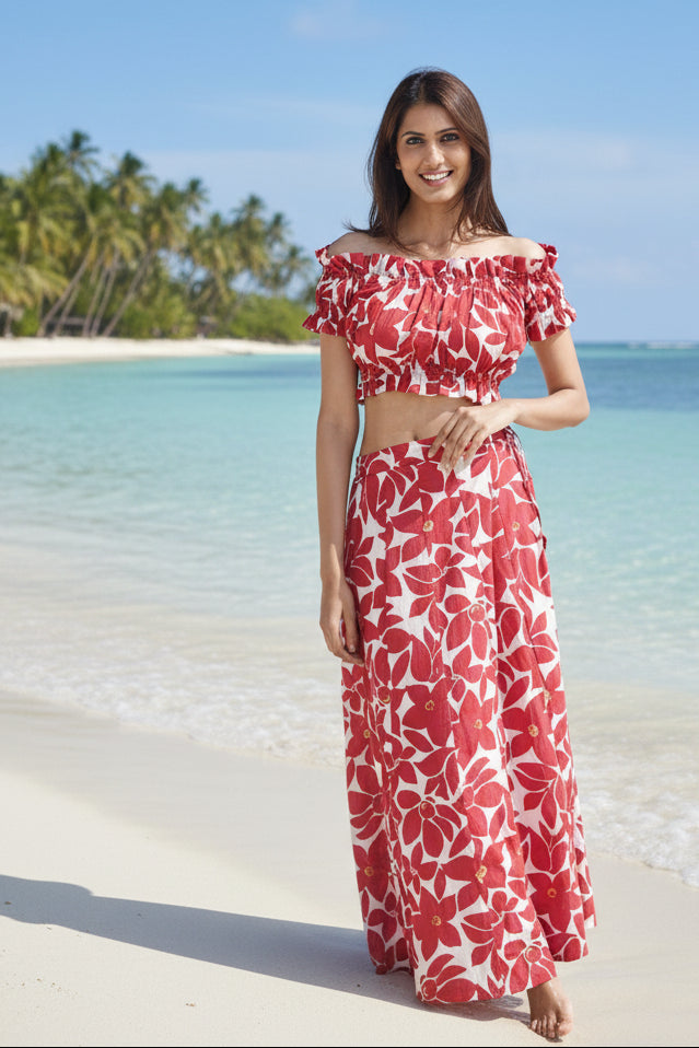 coord set. red and cream skirt and ruched top co-ord set for women. maxi skirt and matching top. summer maxi skirt in red and cream. Boho co-ord set. cotton co-ord set for summer. 