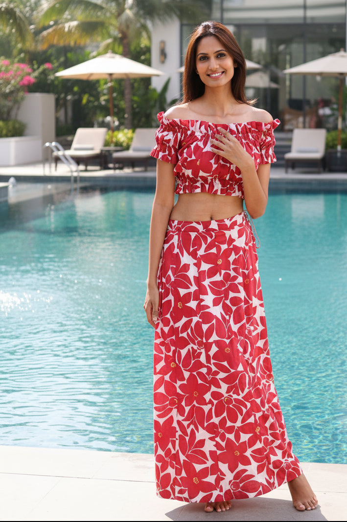 coord set. red and cream skirt and ruched top co-ord set for women. maxi skirt and matching top. summer maxi skirt in red and cream. Boho co-ord set. cotton co-ord set for summer. 