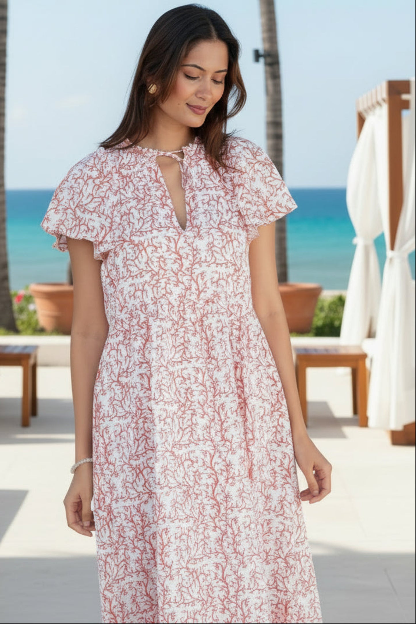 Summer maxi dress, coral and white block print boho summer dress. Floaty summer dress with pockets. Boho holiday dress. Long summer dress with pockets. 