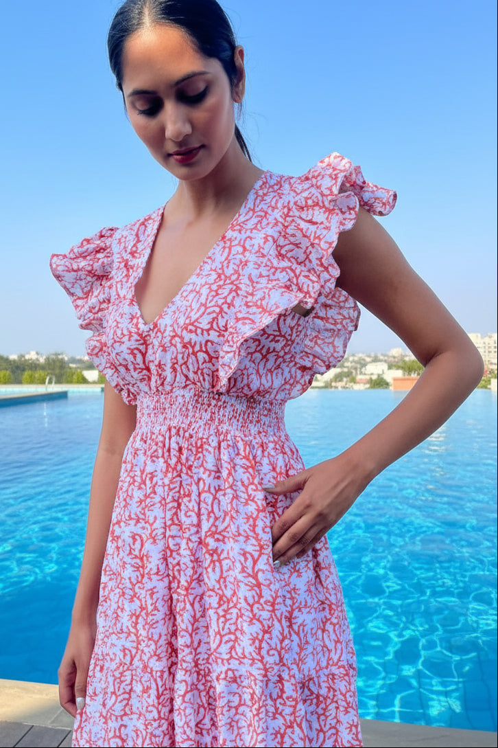 maxidress, beach dress, full length printed cotton boho summer dress. Cotton tassels. Summer maxi dress with pockets, coral print summer dress, block printed cotton summer Dress, maxikleide, robe d'ete maxi