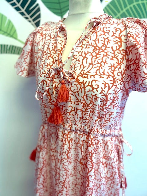 Cotton maxi dress, boho beach dress, coral print cotton summer maxi dress with pockets