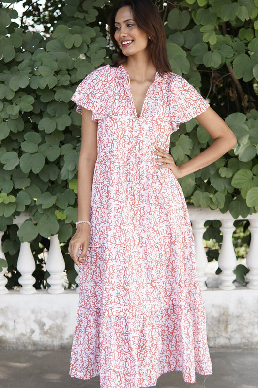 Cotton maxi dress, boho beach dress, coral print cotton summer maxi dress with pockets