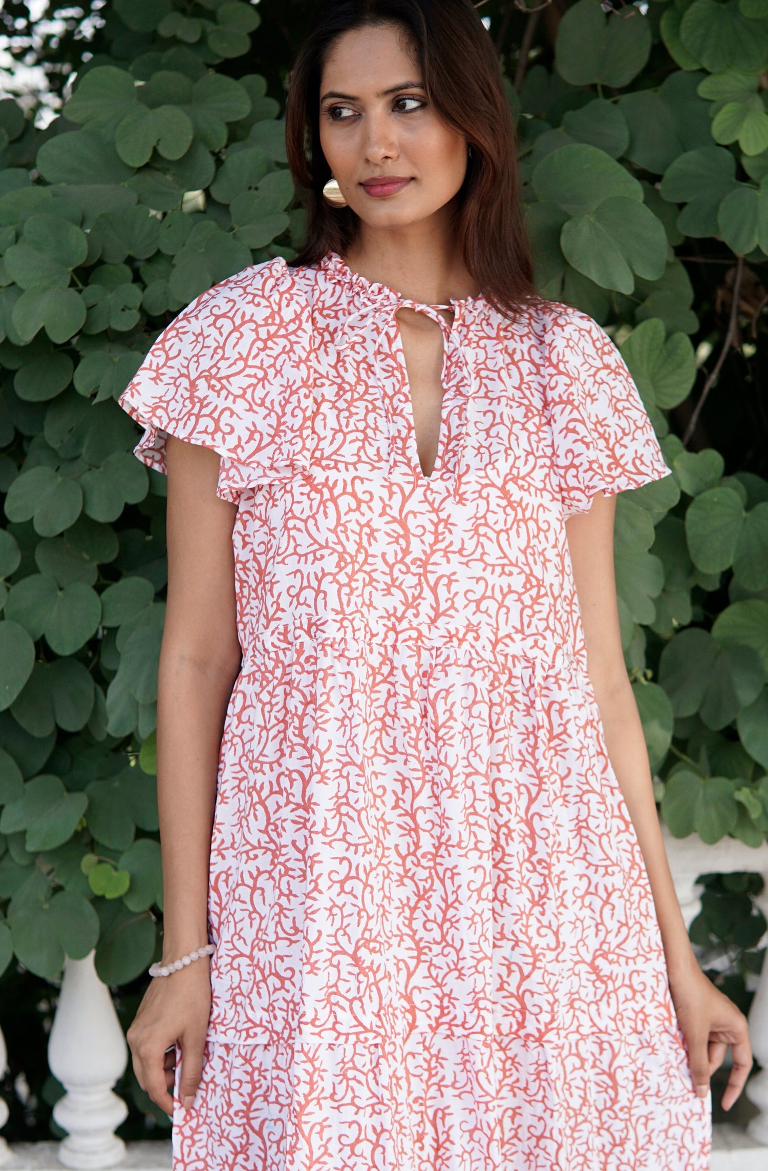 Cotton maxi dress, boho beach dress, coral print cotton summer maxi dress with pockets