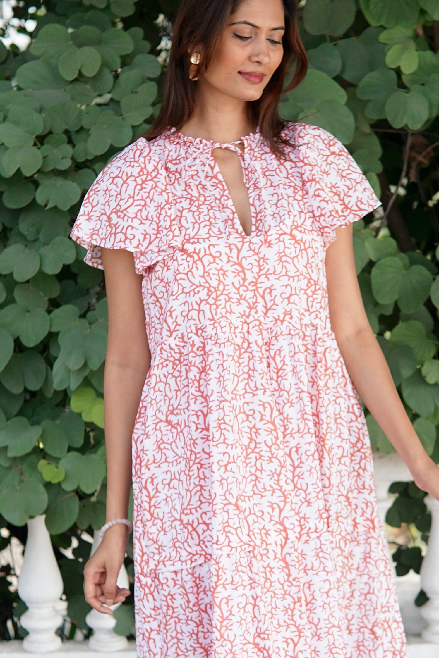Cotton maxi dress, boho beach dress, coral print cotton summer maxi dress with pockets