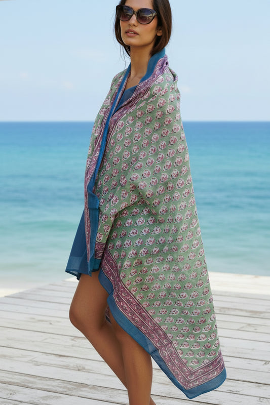 Sarong, block print cotton sarong. Summer scarf, wrap. Beach coverup