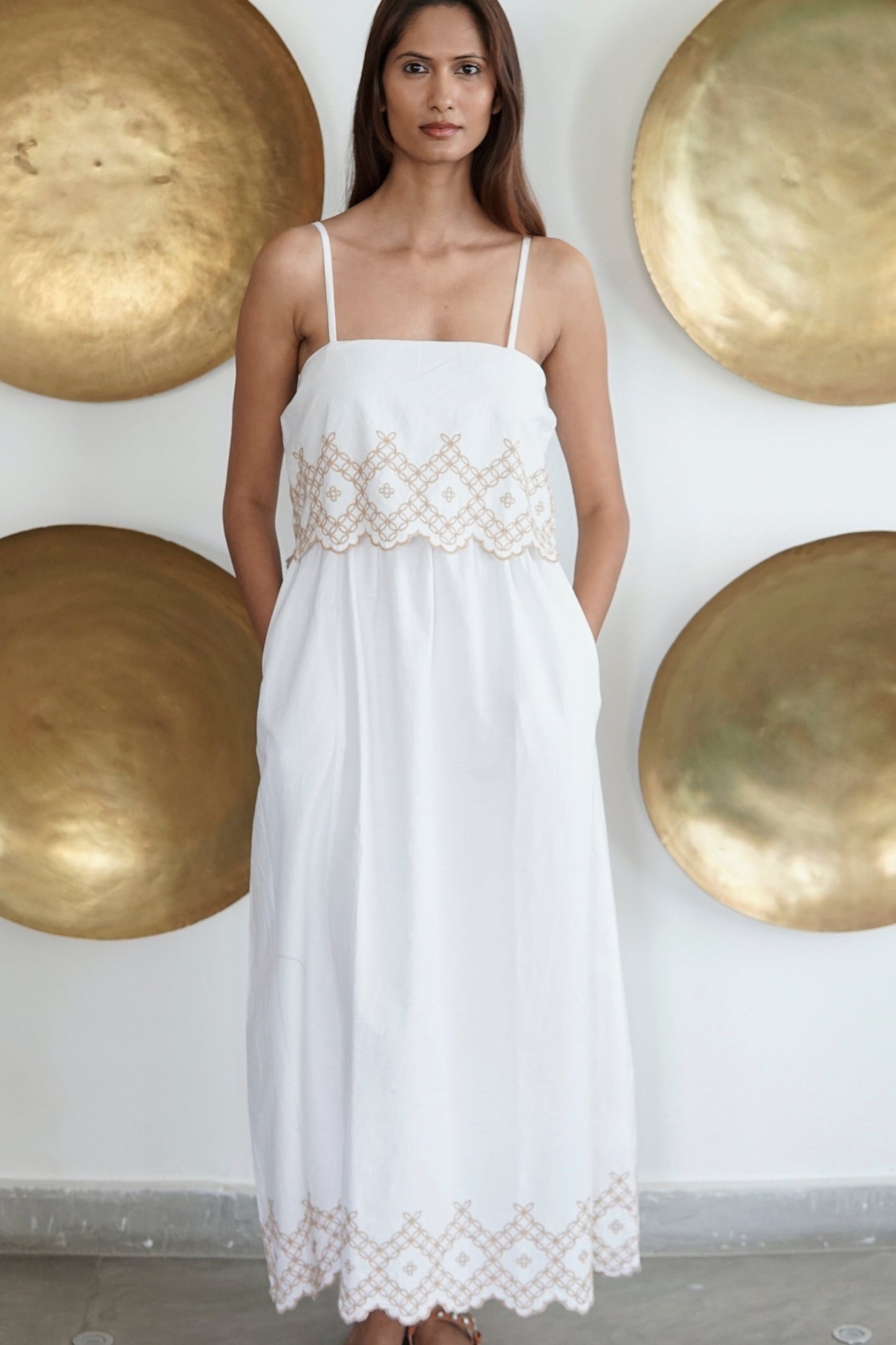 cotton summer dress with beige embroidery and spaghetti straps